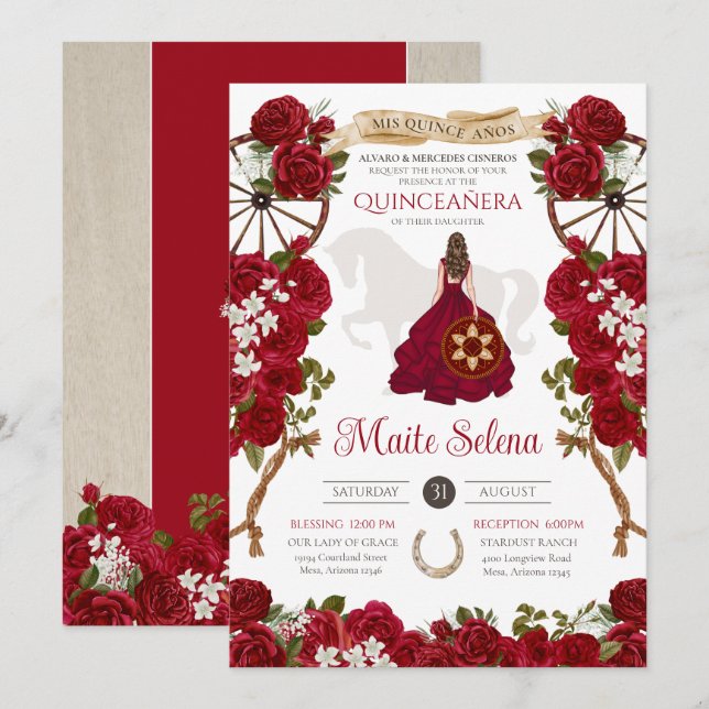 Invitation Quinceanera Charro Élégante Rose rouge Occidentale (Devant / Derrière)