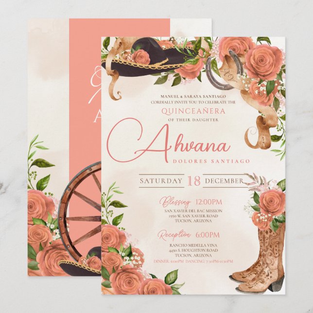 Invitation Quinceañera Charro Floral de rose rose rose de l'o (Devant / Derrière)