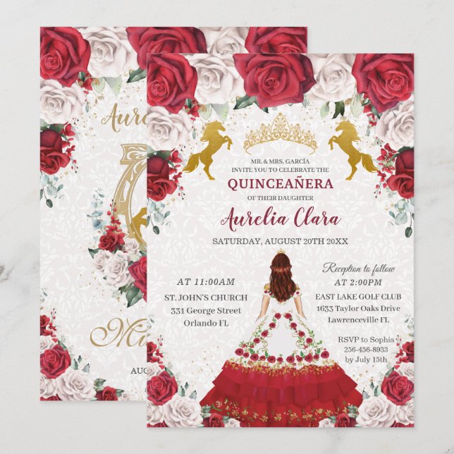 Invitation Quinceañera Charro Robe Princesse Chevaux de la Co (Devant / Derrière)