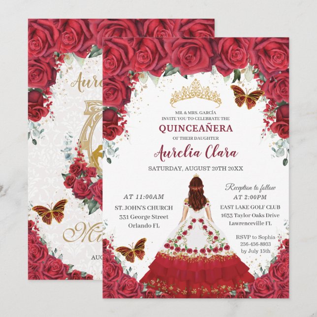 Invitation Quinceañera Charro Rouge Floral Princess Horse Cha (Devant / Derrière)