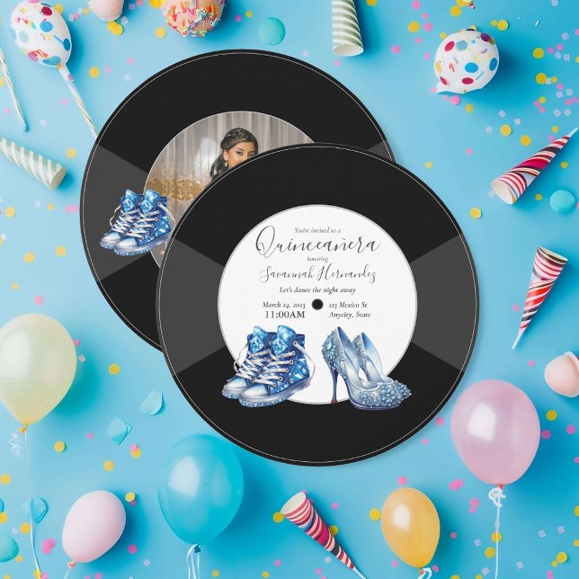 Invitation Quinceañera Chaussures Vinyl Record Photo Bleu (Créateur téléchargé)