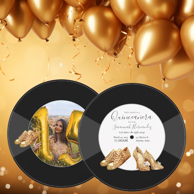 Invitation Quinceañera Chaussures Vinyl Record Photo Golden (Créateur téléchargé)