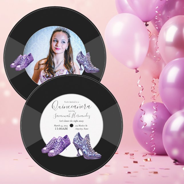 Invitation Quinceañera Chaussures Vinyl Record Photo Violet (Créateur téléchargé)