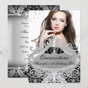 Invitation Quinceanera Chic Argent Damask Diamond Jewel Photo