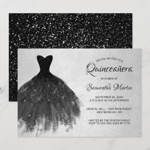 Invitation Quinceanera Chic Black Dress Silver Glam Party