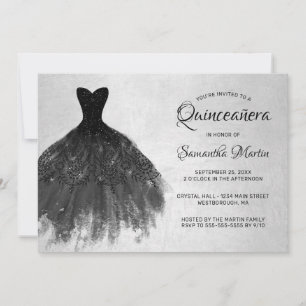 Invitation Quinceanera Chic Black Dress sur Silver Party Invi