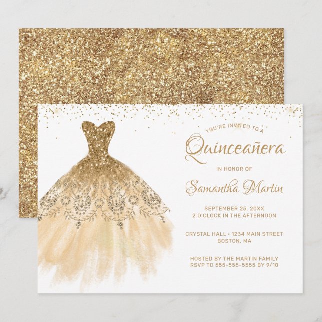Invitation Quinceanera Chic Gold Robe Parties scintillant Bla (Devant / Derrière)