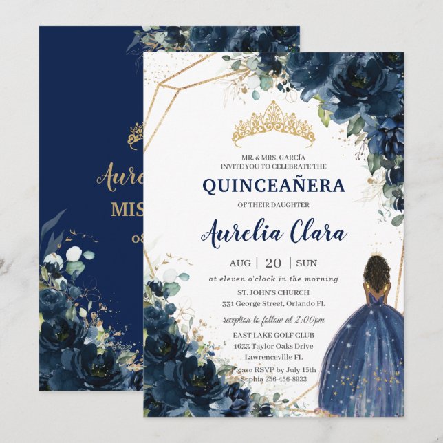 Invitation Quinceañera Chic Navy Blue Floral Brown Princesse (Devant / Derrière)