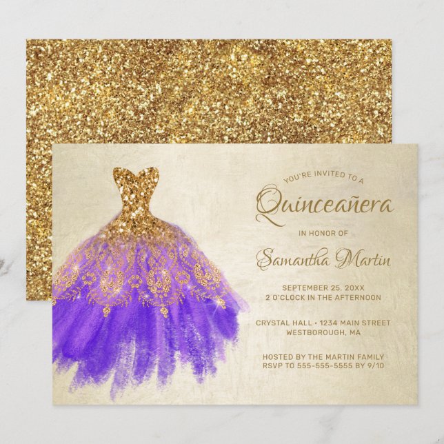 Invitation Quinceanera Chic Or Purple Robe Gold Glam Party (Devant / Derrière)