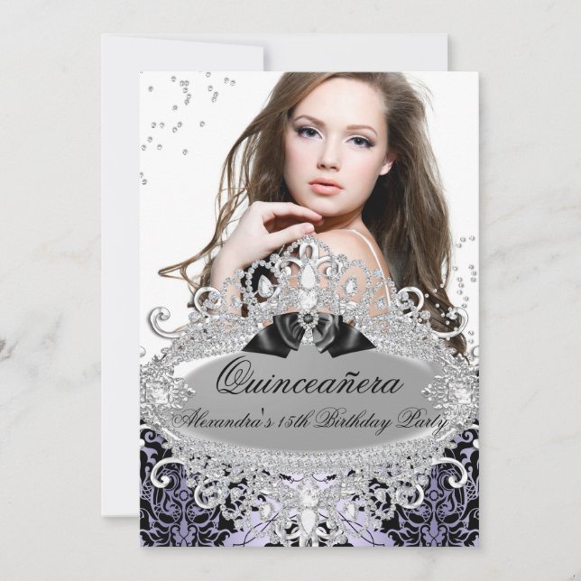Invitation Quinceanera Chic Purple Damask Diamond Jewel Photo (Devant)