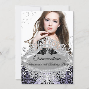 Invitation Quinceanera Chic Purple Damask Diamond Jewel Photo