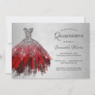 Invitation Quinceanera Chic Red Silver Dress Shiny Party Invi