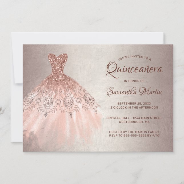 Invitation Quinceanera Chic Rose Gold Parties scintillant soi (Devant)