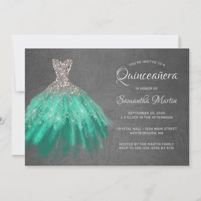 Invitation Quinceanera Chic Silver Aqua Robe sur Grey Party (Devant)