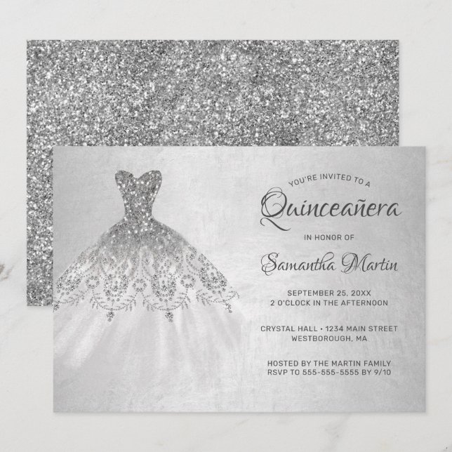 Invitation Quinceanera Chic Silver Dress Silver Parties scint (Devant / Derrière)