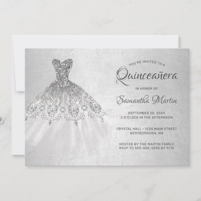 Invitation Quinceanera Chic Silver Dress sur Silver Party (Devant)