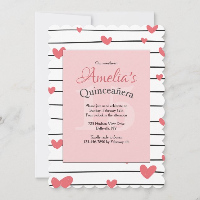 Invitation Quinceañera Cœurs en abondance (Devant)
