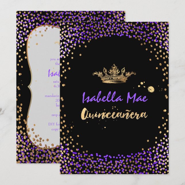 Invitation Quinceanera/Confetti/Neon Purple/Princesse/Couronn (Devant / Derrière)