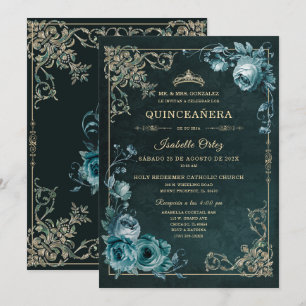 Invitation Quinceañera couleur émeraude et or