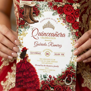 Invitation Quinceañera Country Western Roses Rouges Dorées