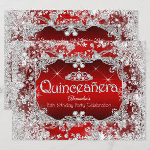 Invitation Quinceanera Couronne argentée rouge Hiver merveill