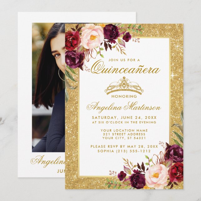 Invitation Quinceanera Couronne Bourgogne Parties scintillant (Devant / Derrière)