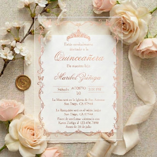 Invitation Quinceañera Couronne papillon rose or