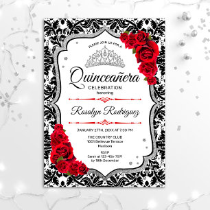 Invitation Quinceanera - Damask Red Silver