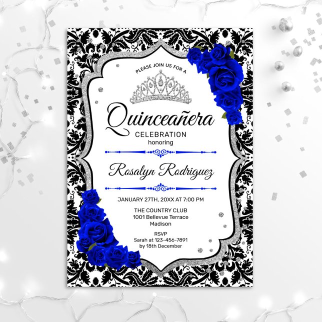 Invitation Quinceanera - Damask Royal Blue Silver (Créateur téléchargé)