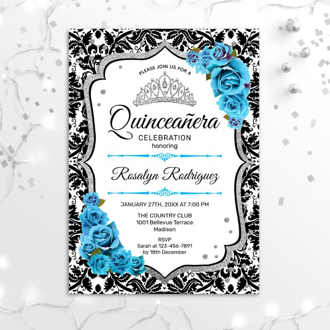 Invitation Quinceanera - Damask Silver Blue (Créateur téléchargé)
