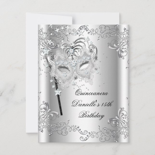 Invitation Quinceanera d'argent 15e anniversaire Masquerade (Devant)