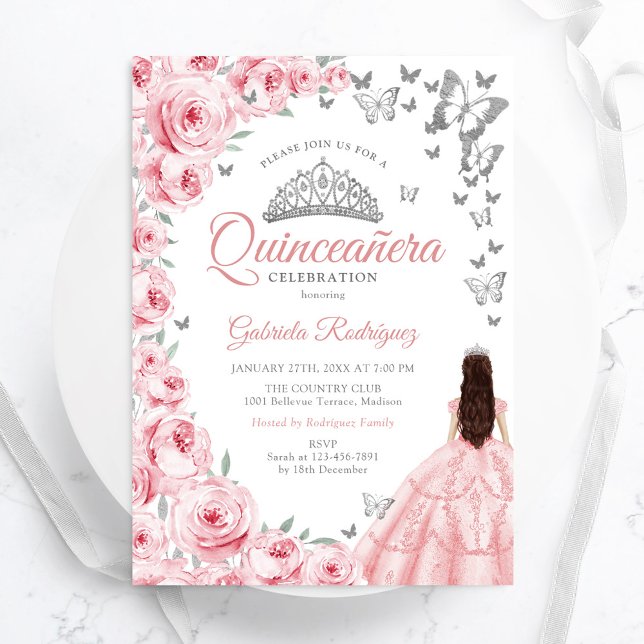 Invitation Quinceanera d'argent blanc rose (Créateur téléchargé)