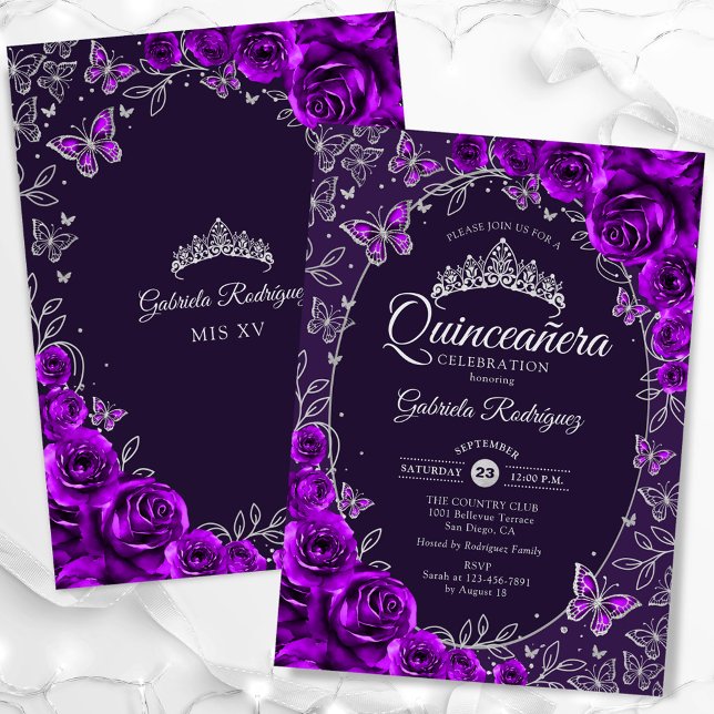 Invitation Quinceanera d'argent pourpre (Créateur téléchargé)