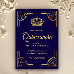 Invitation Quinceanera de couronne ornée d'or bleu vintage