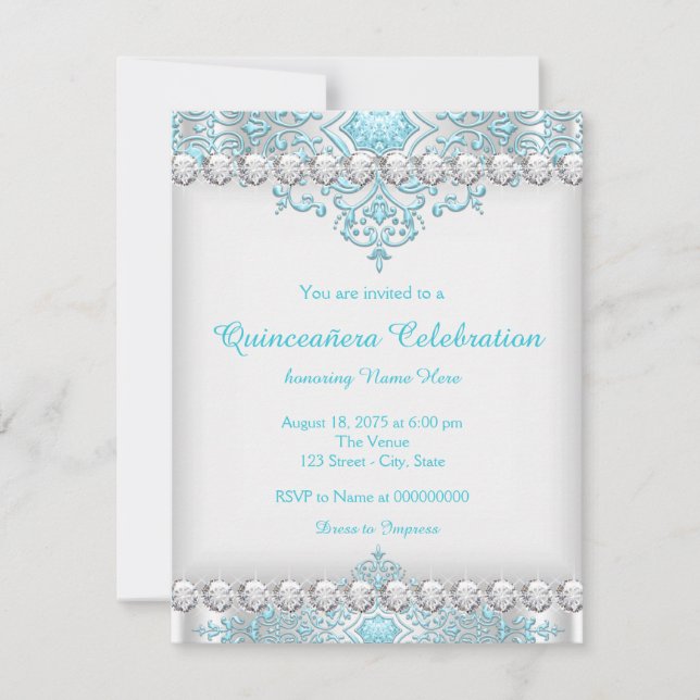 Invitation Quinceanera de diamants turquoise et argent (Devant)