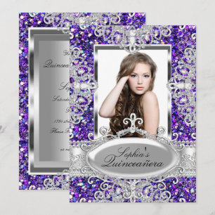 Invitation Quinceanera de Glitter Violet et Diamant Glamour