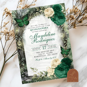 Invitation Quinceañera de la forêt fantaisiste vert émeraude