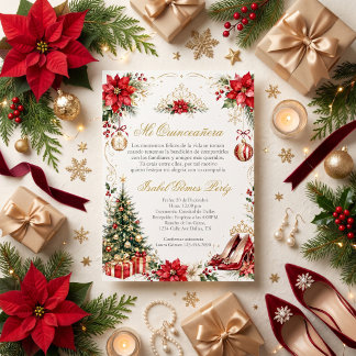 Invitation Quinceañera de Noël Rouge et Or Férié