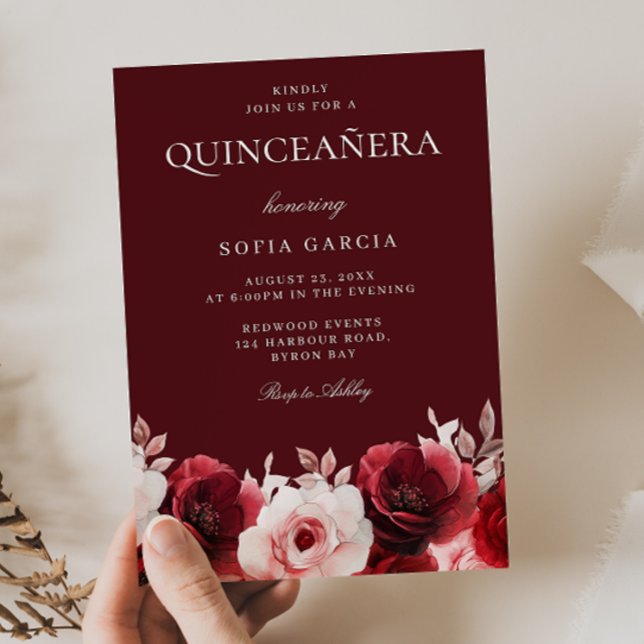 Invitation Quinceanera de rose rouge enchantée en Bourgogne (Créateur téléchargé)