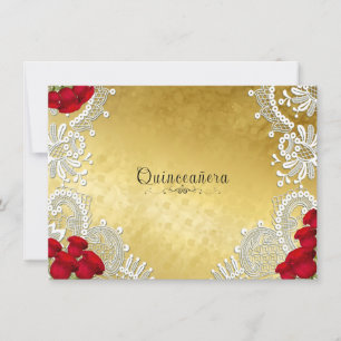 Invitation Quinceanera dentelle blanche roses rouges sur or