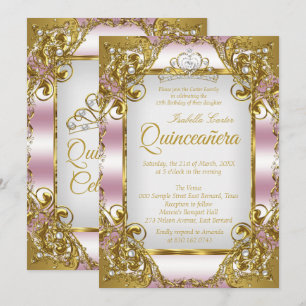 Invitation Quinceañera Diadème de fête rose poudré perle doré