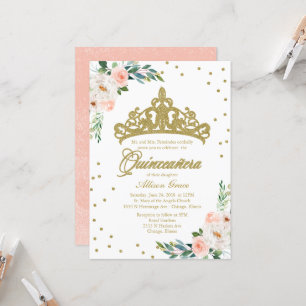 Invitation Quinceañera Diadème Doré Et Fleurs Rose