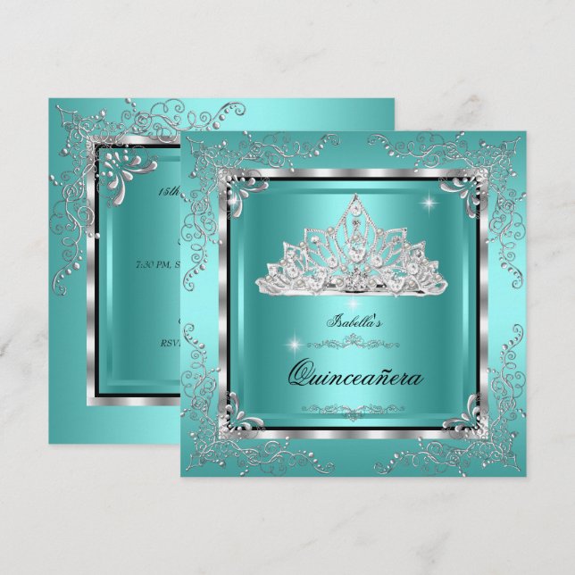 Invitation Quinceanera Diamant Turquoise Tiara 15e anniversai (Devant / Derrière)