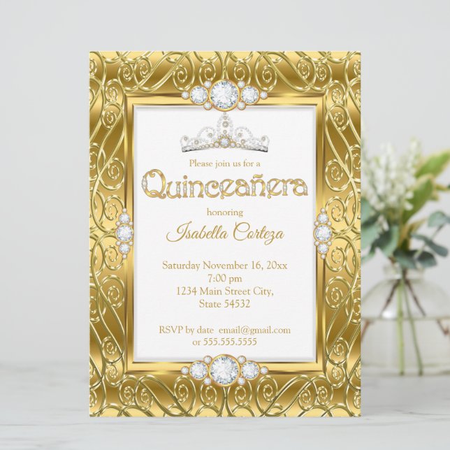 Invitation Quinceanera Diamond Gem Gold fête d'anniversaire (Debout devant)