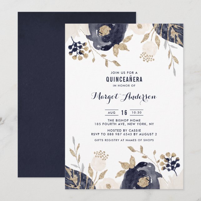Invitation Quinceanera d'or de la Marine et des Fleurs d'ivoi (Devant / Derrière)
