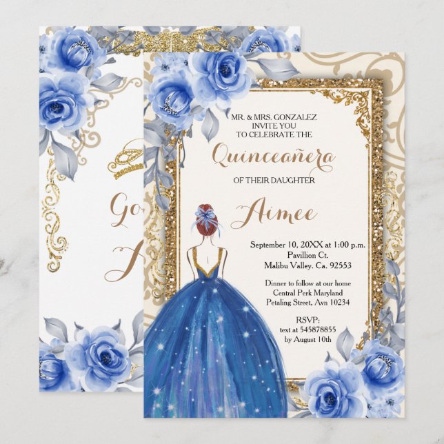 Invitation Quinceanera d'or des fleurs bleues de la marine  (Devant / Derrière)