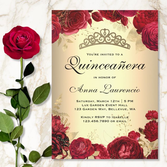 Invitation Quinceanera d'or des Roses rouges (Créateur téléchargé)