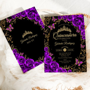 Invitation Quinceanera d'or noir violet
