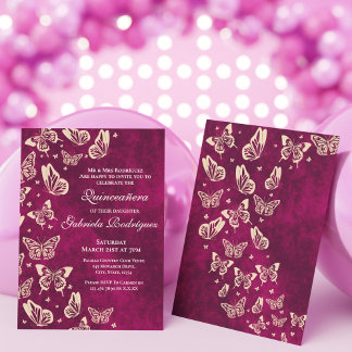 Invitation Quinceañera d'or rose papillon moderne 15ème