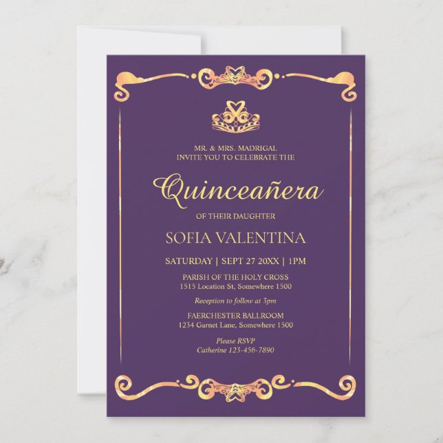 Invitation Quinceanera d'or violet classique (Devant)
